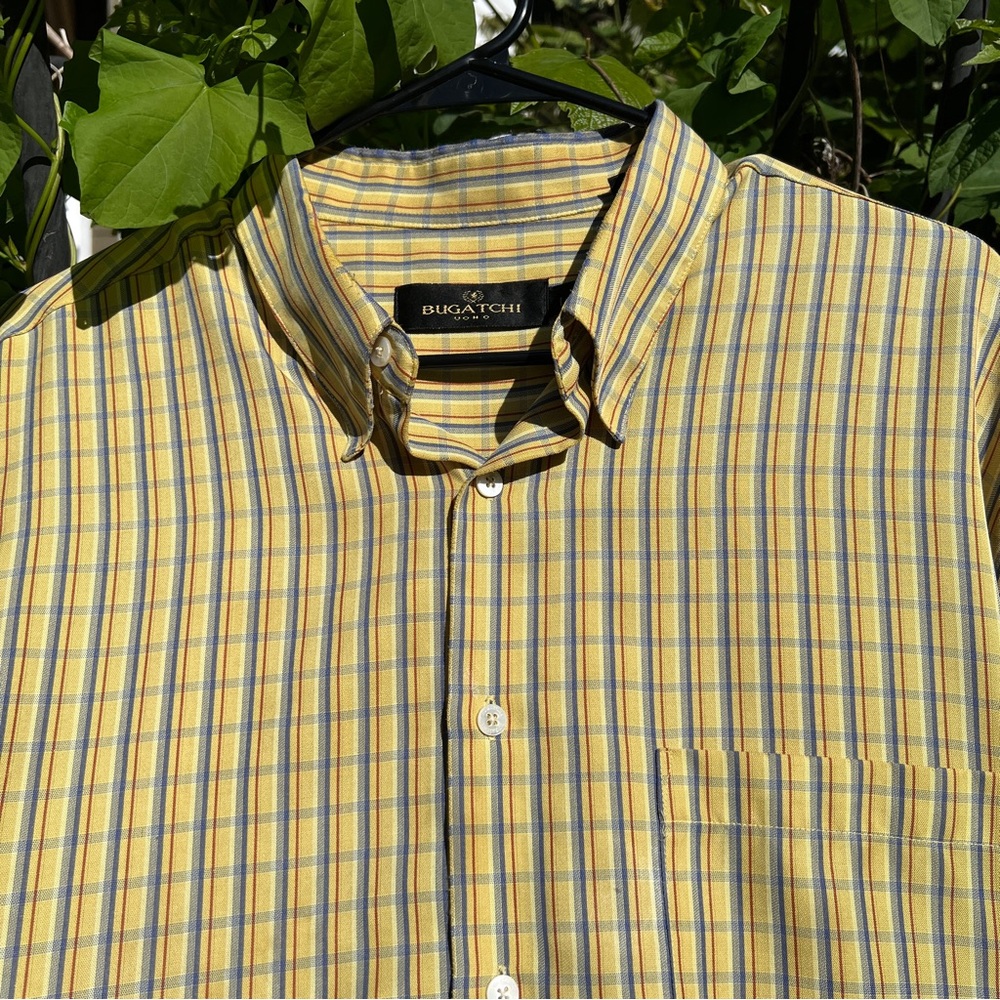 Bugatchi Uomo Modal Rayon Poly Plaid Mustard Short Sleeve Button Up Large *flaw